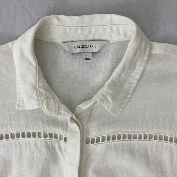 Calligraphie Linen Blend Boxy Button Down Shirt Size Large White Beachy - Picture 7 of 12